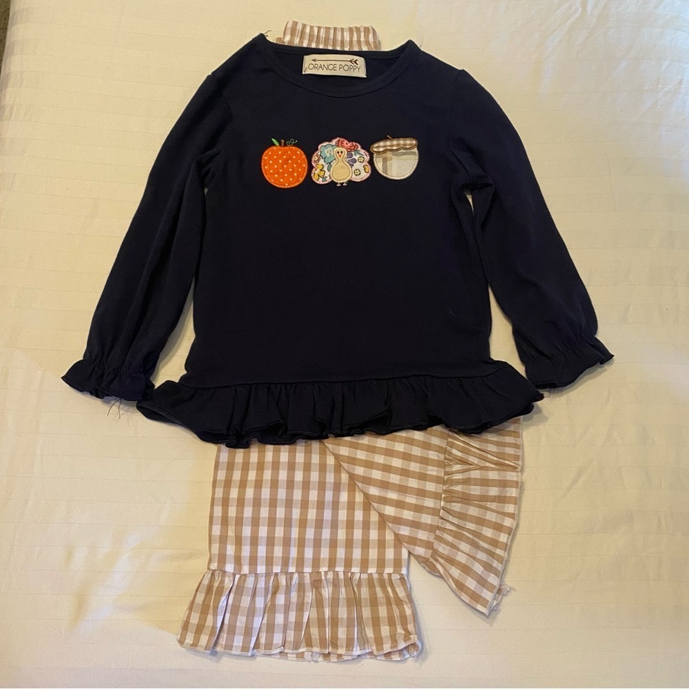 Orange Poppy 2 Piece Thanksgiving Fall Applique Ruffle Gingham Outfit Navy 5-6T